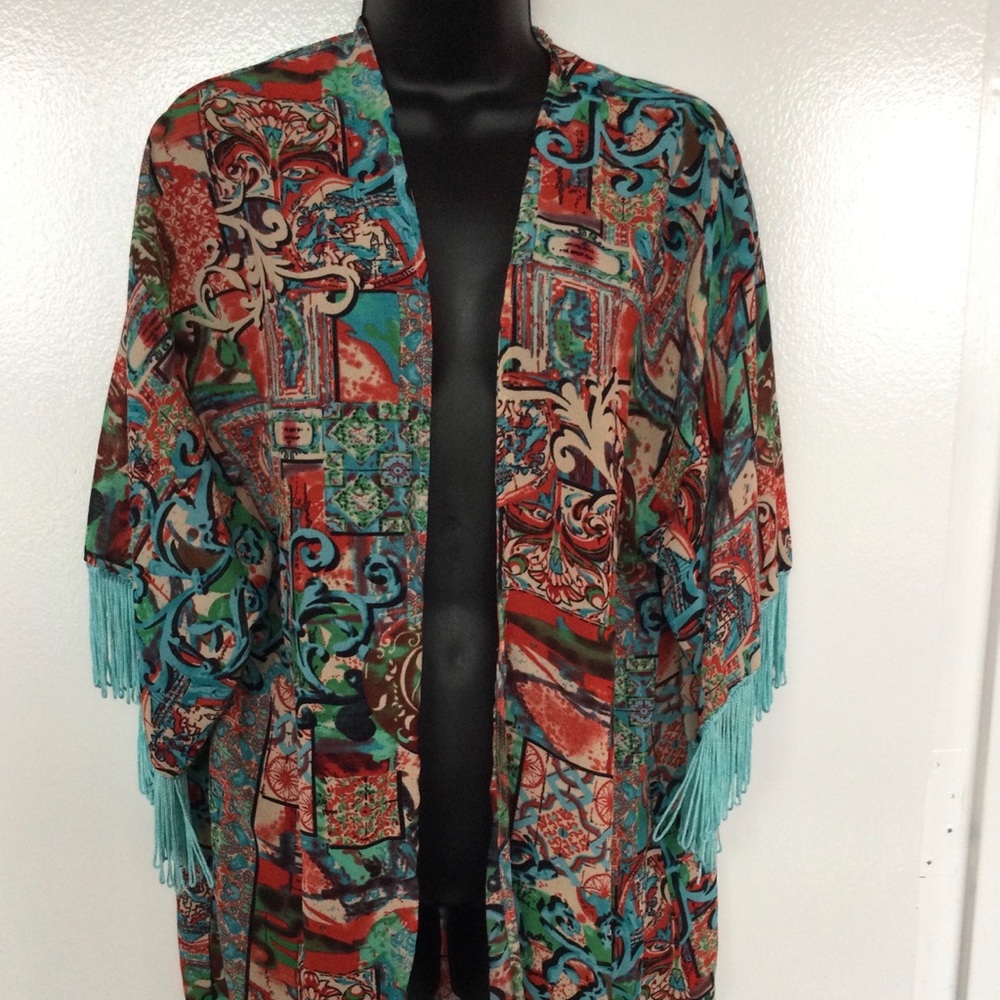 Colorful Patterned Kimono with Fringe